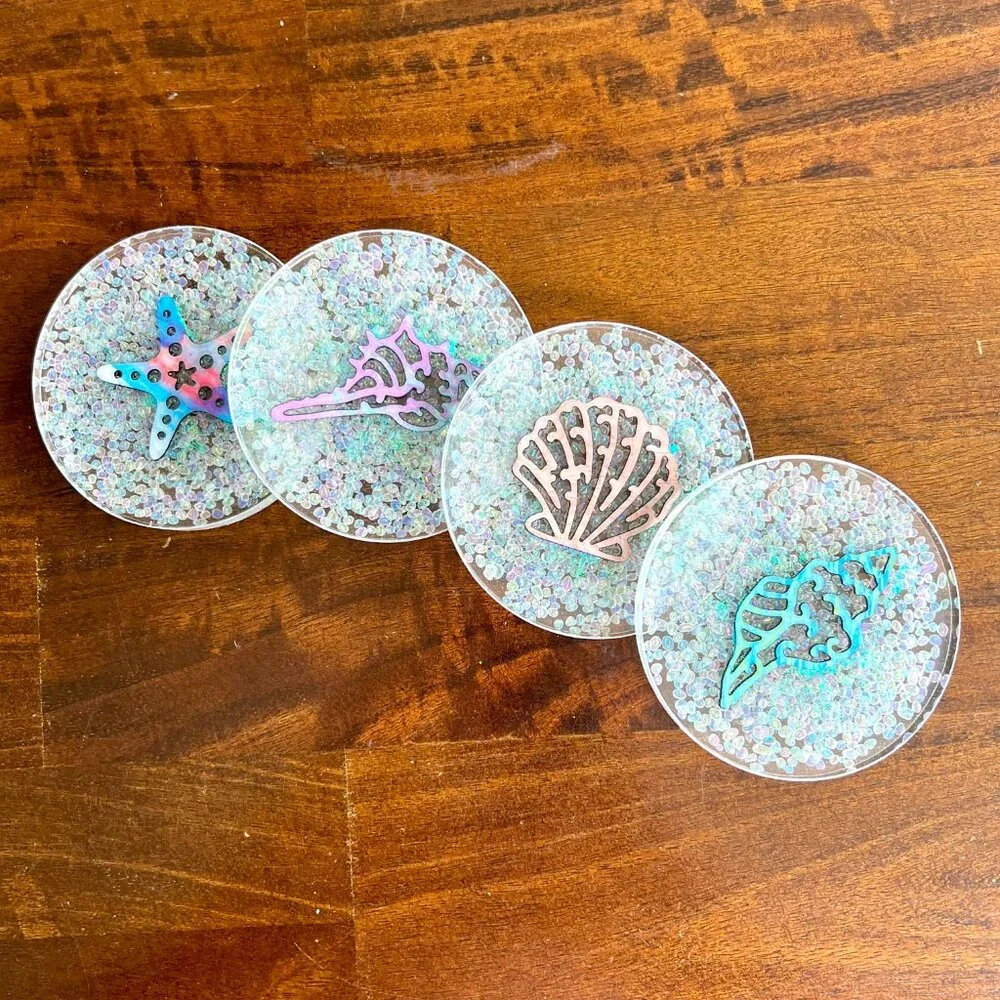 Shells Sea Glass Pebbles Resin Drink Coasters Set of 4 Beach House Table Gifts - Picture 2 of 6